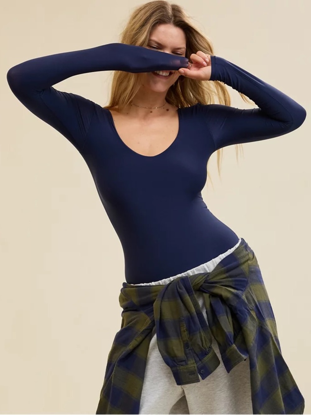 Aerie Smoothez Scoop Neck Long-Sleeve Bodysuit in navy medium